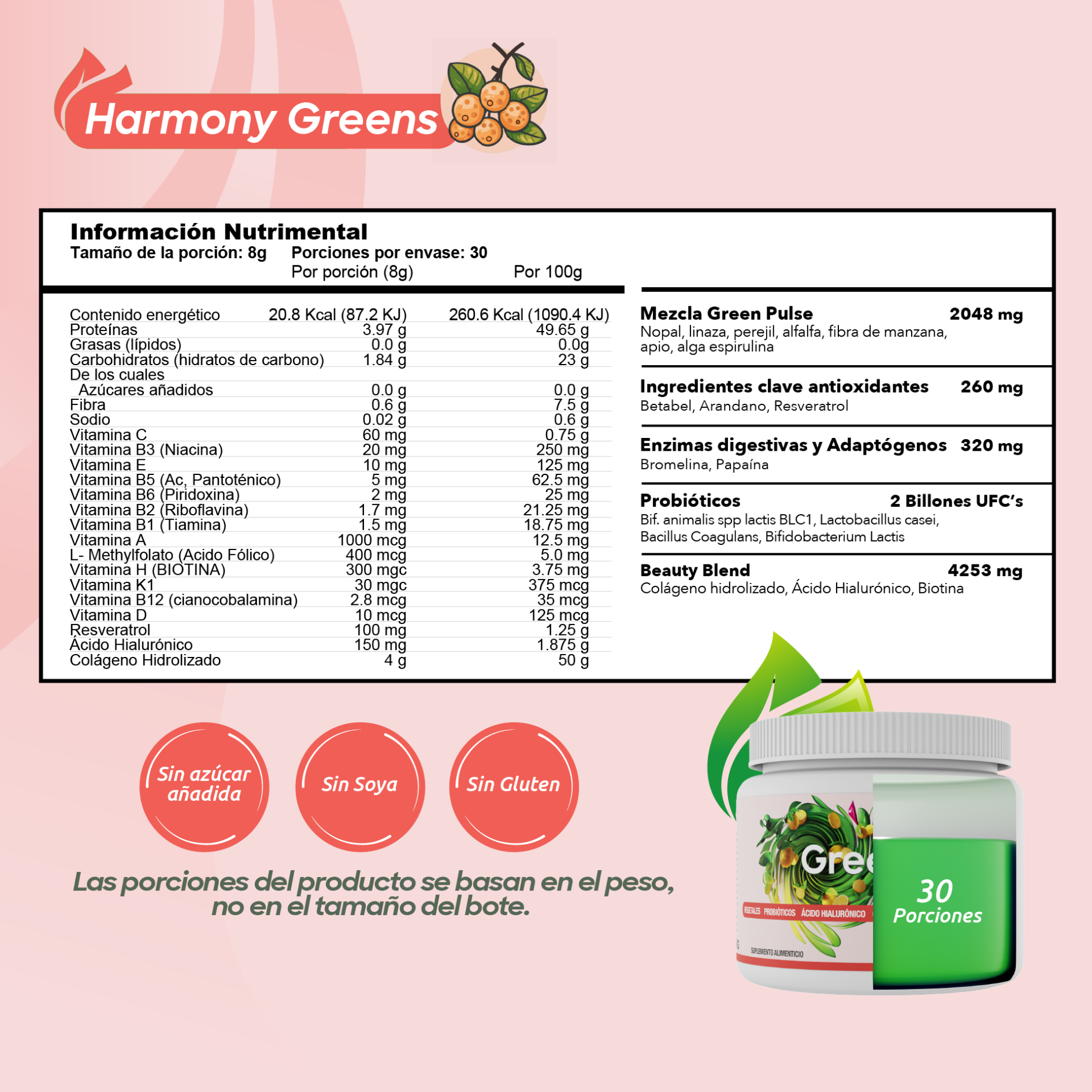 Harmony Greens +Belleza | Colágeno, Ácido Hialurónico y Biotina | 30 Porciones