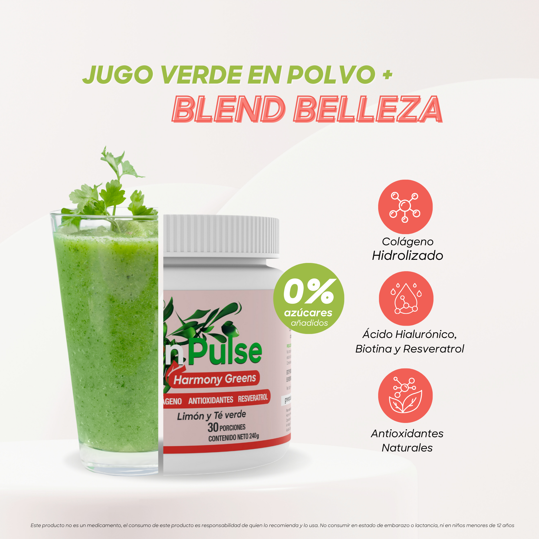 Harmony Greens +Belleza | Colágeno, Ácido Hialurónico y Biotina | 30 Porciones