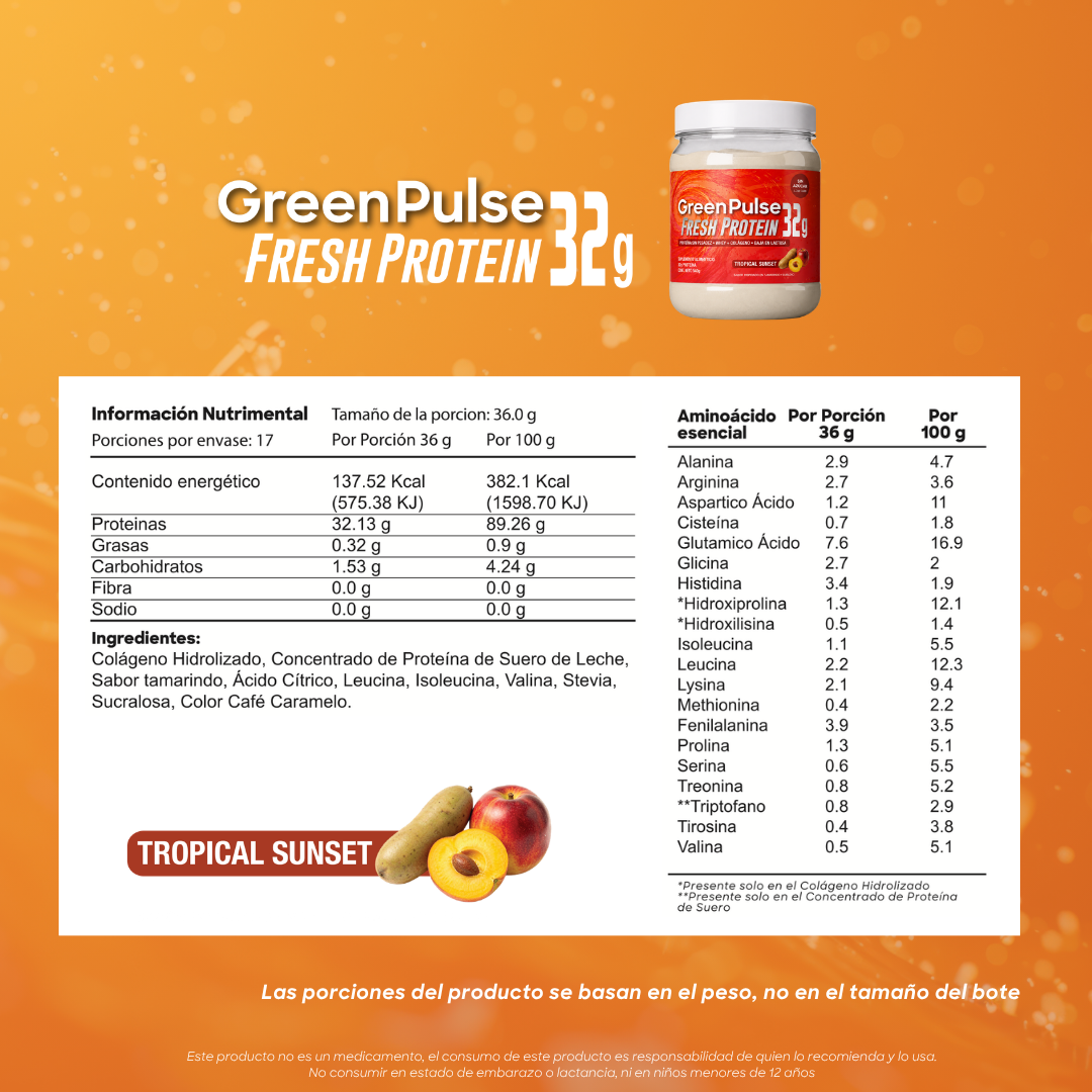 Greenpulse Fresh Protein 32g | Sabor Tropical Sunsent Proteína Ligera Y Refrescante