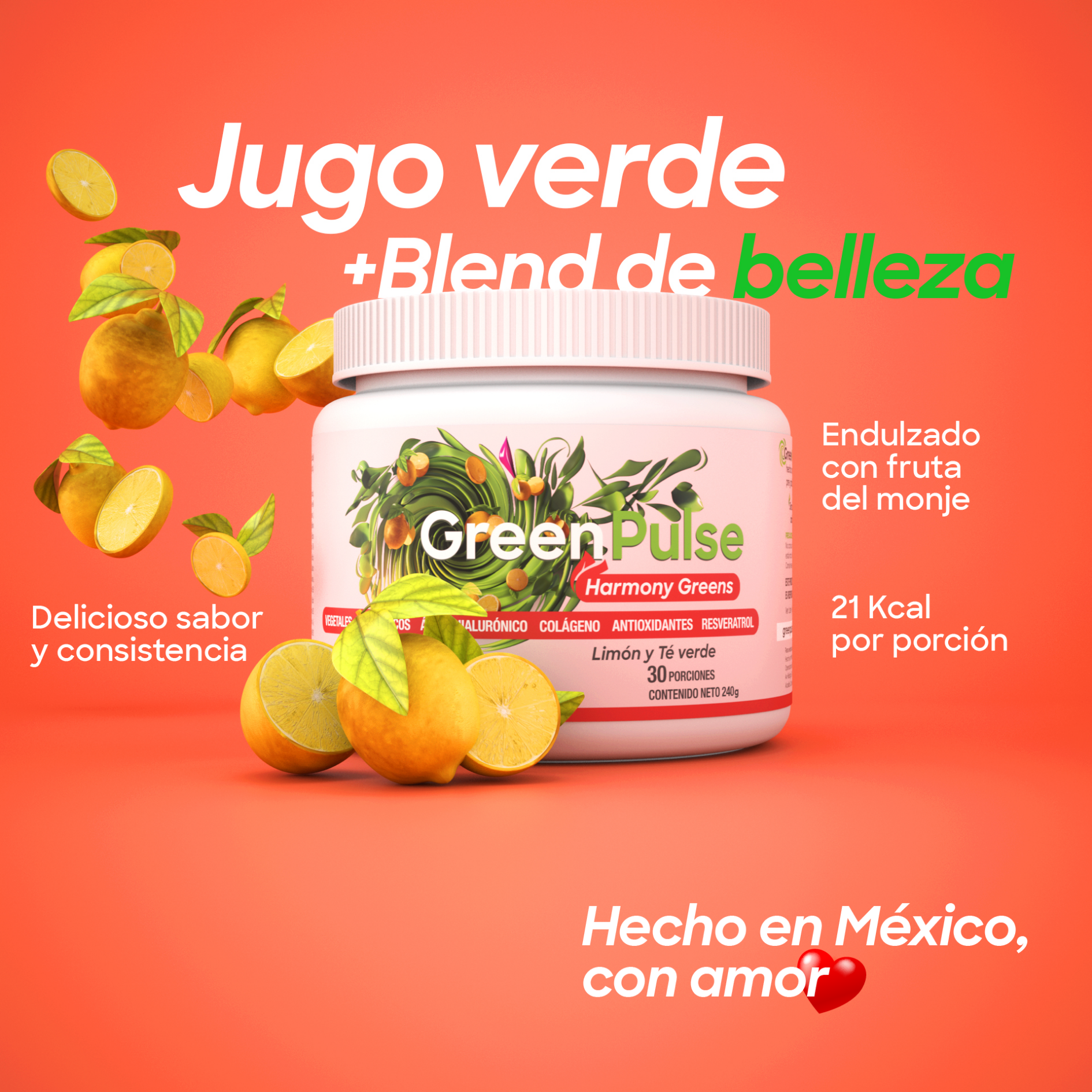 Harmony Greens +Belleza | Colágeno, Ácido Hialurónico y Biotina | 30 Porciones
