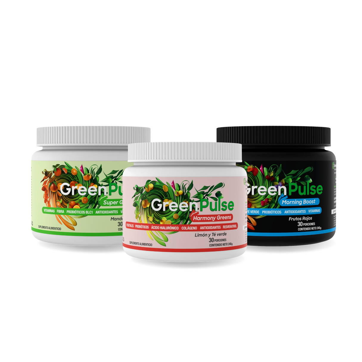 Kit Familia 3 Jugos | Harmony + Morning Boost + Super Greens | 90 porciones | Sin azúcar