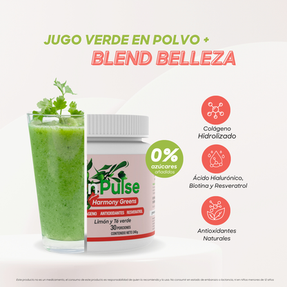 Harmony Greens +Belleza | Colágeno, Ácido Hialurónico y Biotina | 30 Porciones
