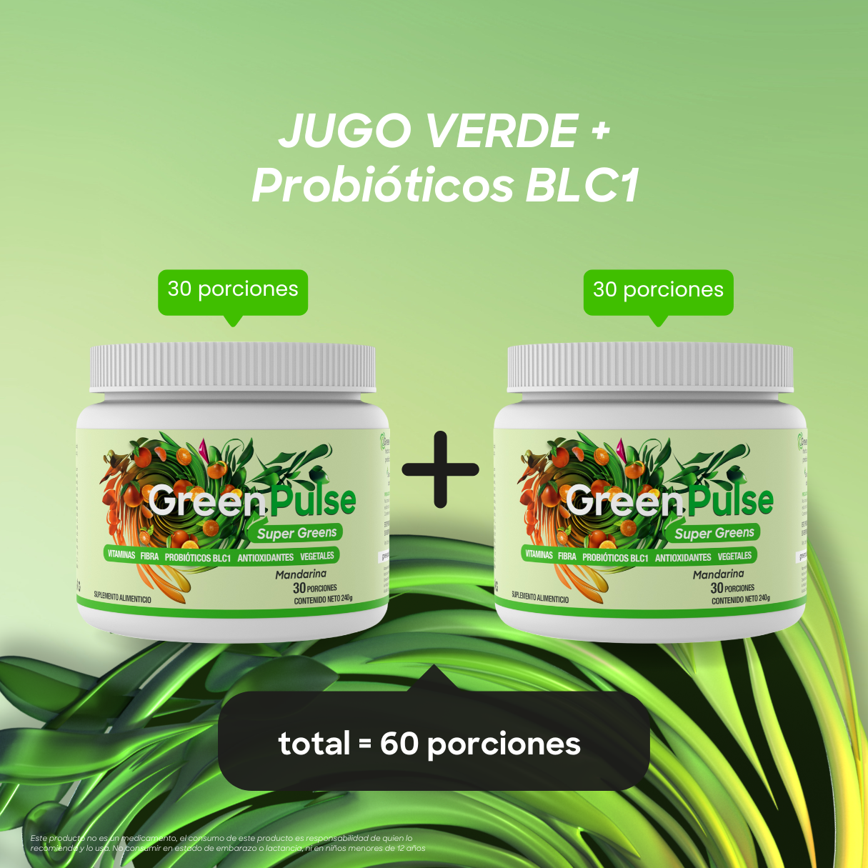 2 Pack | Super Greens | Ligereza | Jugo Verde con 6.5 Billones de Probióticos | Pack de 2 | 60 porciones