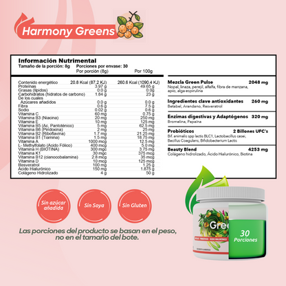 2 Pack | Harmony Greens | Belleza | Jugo Verde con Colágeno | 60 porciones