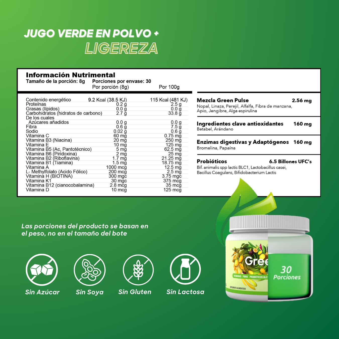 Super Greens + Ligereza | Probióticos BLC1 | 30 Porciones |  Frutos Tropicales